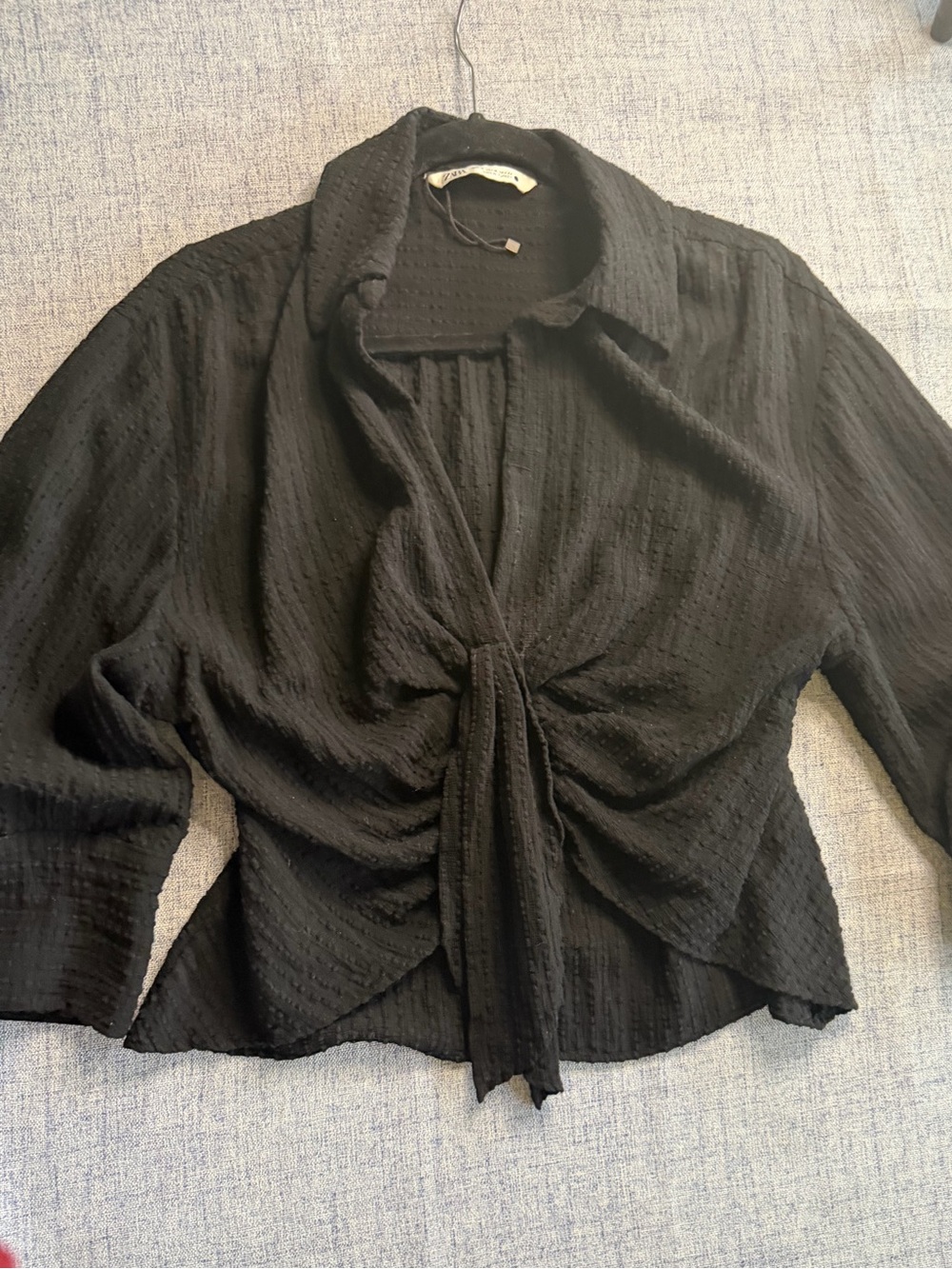 Zara Black Textured Tie-Front Blouse